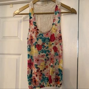 Print tank with crochet area at the top of back.